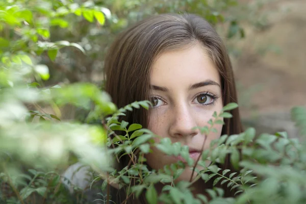 El rostro de una niña entre ramas de un árbol — Foto de Stock