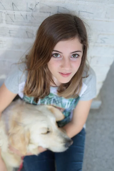 少女と彼女の腕の中で犬が寝ています。 — ストック写真