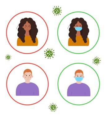 Maske kullan. Yüzünde maske olmadan girmek yasaktır. Koruyucu maskeler ve salgınlar için vektör illüstrasyon. Bir kız ve koruyucu maske takan bir adam.. 