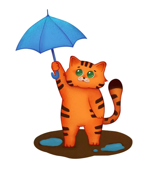 Katze Mit Regenschirm Die Ingwerkatze Steht Neben Den Pfützen Herbstliche — Stockfoto