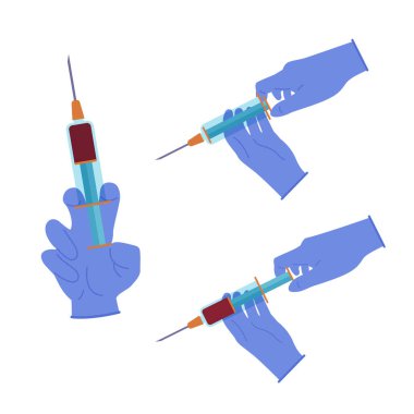 Şırıngayla bir el. Aşı. Enjeksiyon. Vektör illüstrasyonu.