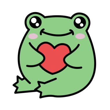 Kalbi olan sevimli vektör kurbağa. Kurbağalı vektör çıkartması.