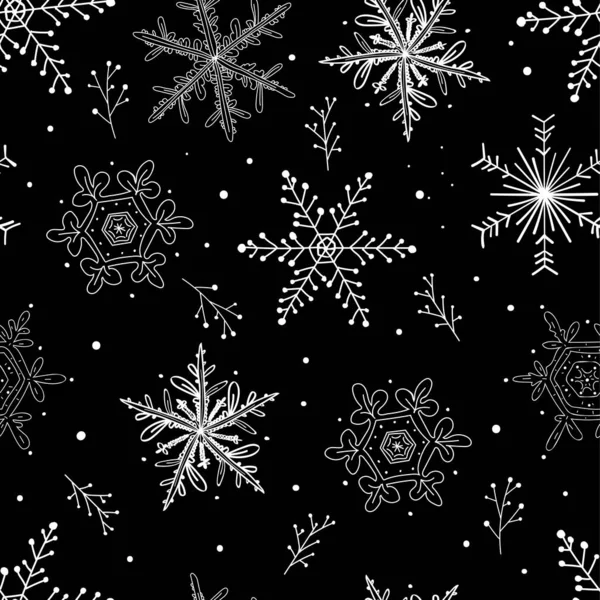 Patrón Con Copos Nieve Sobre Fondo Negro Patrón Navidad Para — Archivo Imágenes Vectoriales