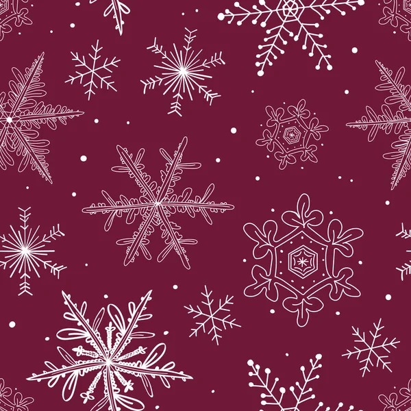 Nahtloses Muster Mit Gekritzelten Schneeflocken Auf Weinrotem Hintergrund Weihnachtsmuster Für — Stockvektor
