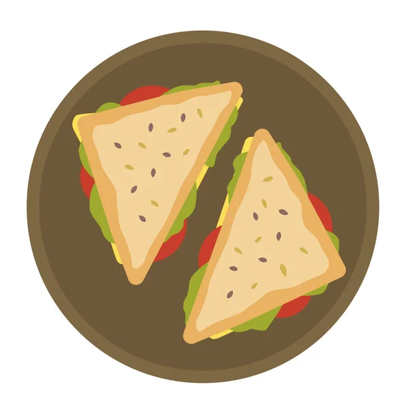 Сендвіч Тарілці Векторні Ілюстрації Хліб Насіння Сир Помідори Зелений Салат — стоковий вектор