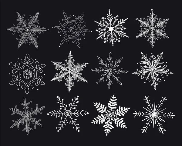 Conjunto Flocos Neve Vetoriais Doodle Flocos Neve Para Inverno Decoração — Vetor de Stock