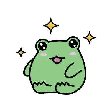 Çizgi film kurbağa çıkartması. Yıldızları parlayan kurbağa. Vektör illüstrasyonu.