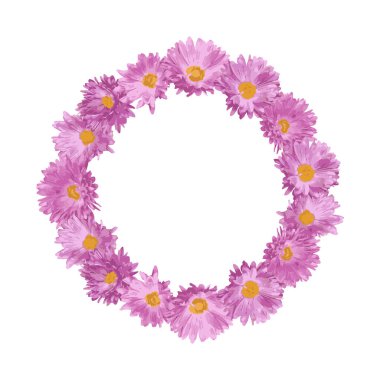 Yuvarlak çerçeveli pembe çiçekler. Sosyal medya gönderileri, mobil uygulamalar, afiş tasarımı, fotoğraf ve internet reklamları için yuvarlak şablon. Pembe, mor papatyalar. Dekoratif çerçeve. Vektör illüstrasyonu.