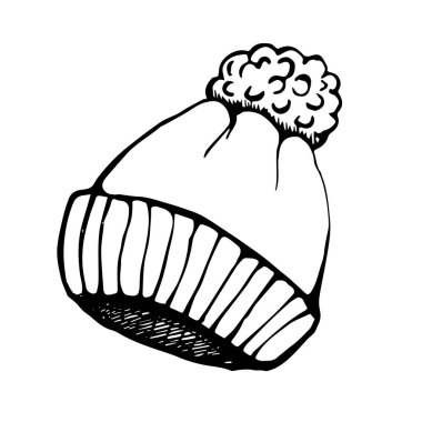 Siyah çizgili şapka. Kış şapkası siyah çizgilerle çizilmiştir. Örgü karalama şapkası. Siyah beyaz çizim. Kış giysileri.