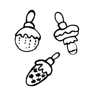 Siyah çizgili basit Noel ağacı oyuncakları. Noel oyuncakları karalama. Noel topu vektörü.