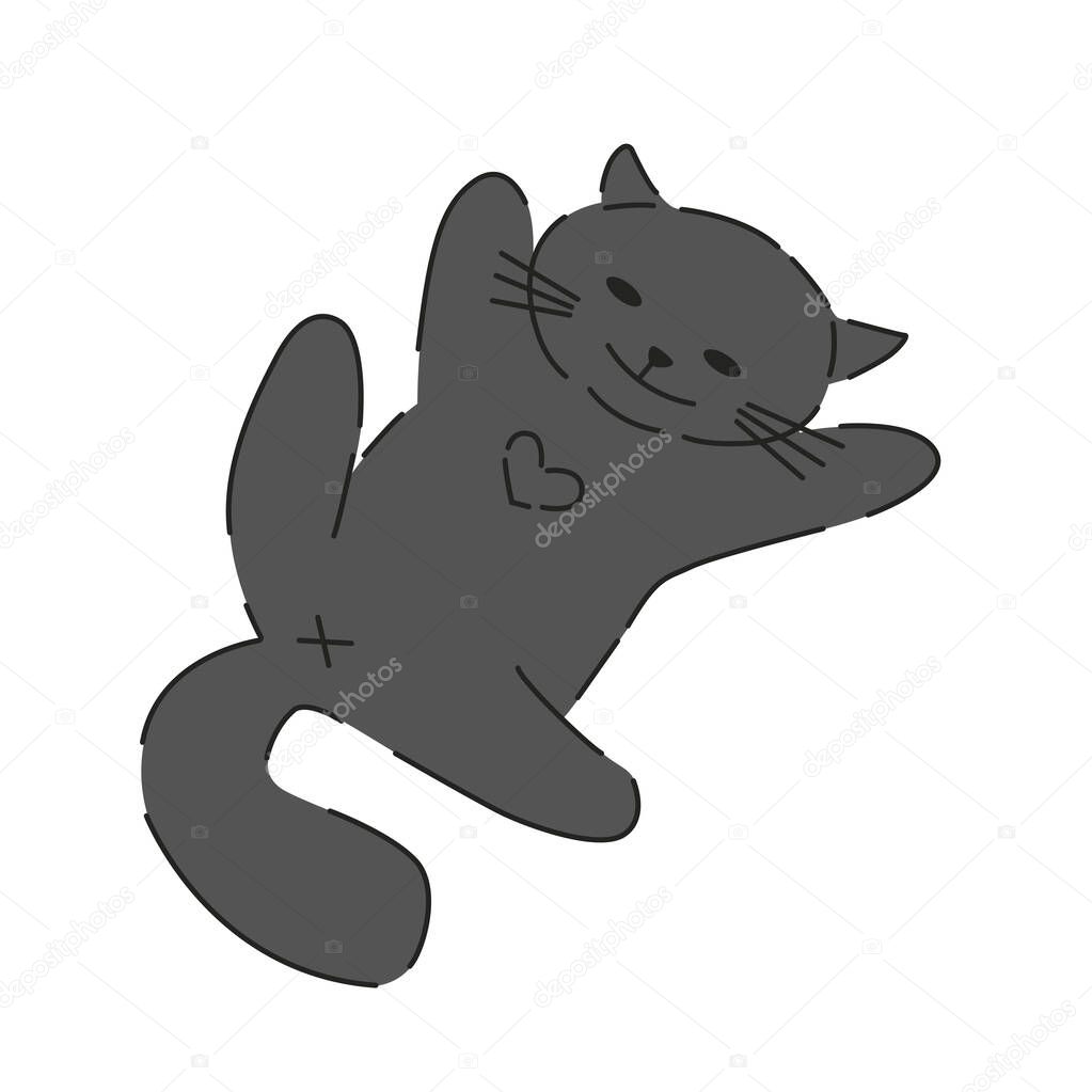 A cute cat lies on its back. Gray cat sticker. Simple vector illustration.