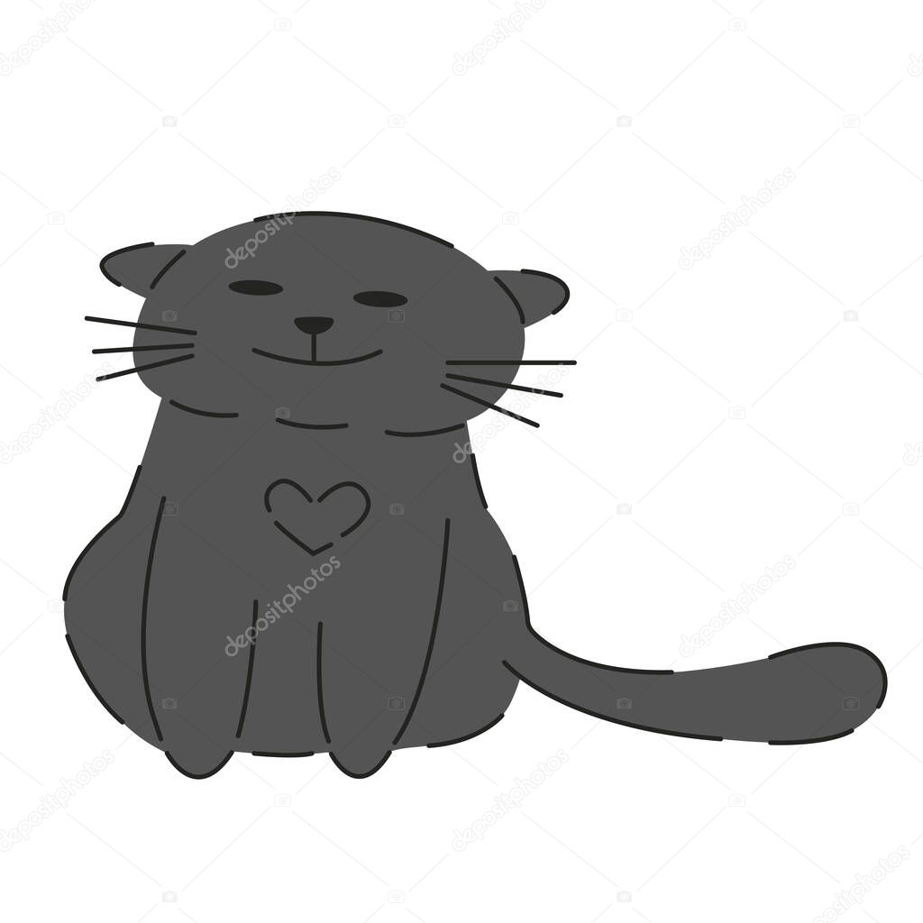 Satisfied gray cat. Cunning. Cat sticker. Simple vector illustration.