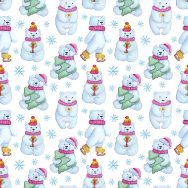 Beyaz ayılı desen. Noel kışları kusursuz geçer. Suluboya kutup ayıları. Kış yanılması. Güzel bir desen tekstil, baskılar, sosyal medya tasarımı, paket tasarımı, web sitesi tasarımı için mükemmeldir.