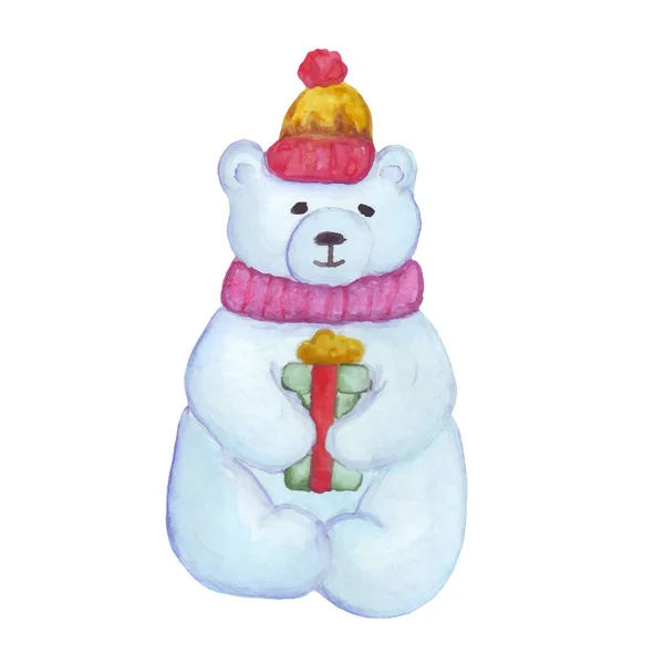 Świąteczny Biały Niedźwiedź Akwarelowy Miś Siedzi Prezentem Noworocznym Kapeluszu Piękny — Wektor stockowy