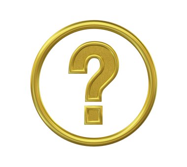 3 boyutlu görüntüleme. Beyaz arkaplanda izole edilmiş altın soru işareti.