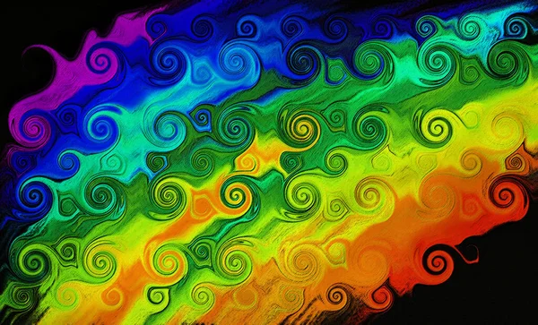 Bright abstract multicolored swirling pattern on a black background.