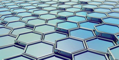 Ayna mavisi altıgen enerji paneli. 3d illüstrasyon.