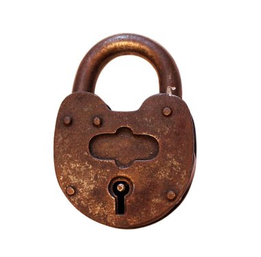 Paslı asma kilit asılı, beyaz arka planda izole edilmiş..