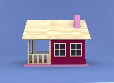 Üç boyutlu illüstrasyon. Minimalist oyuncak evi mavi arka planda izole edilmiş..