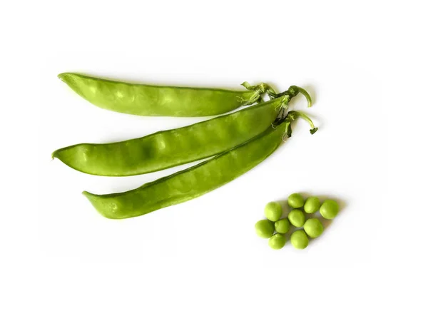 Verse Groene Erwten Peulen Geïsoleerd Witte Achtergrond — Stockfoto