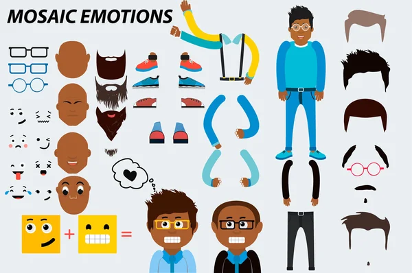 Negro hombre emociones personajes emociones. Cara vector caracteres mosaico emociones iconos. Accesorios Hipster vector clip-art — Archivo Imágenes Vectoriales