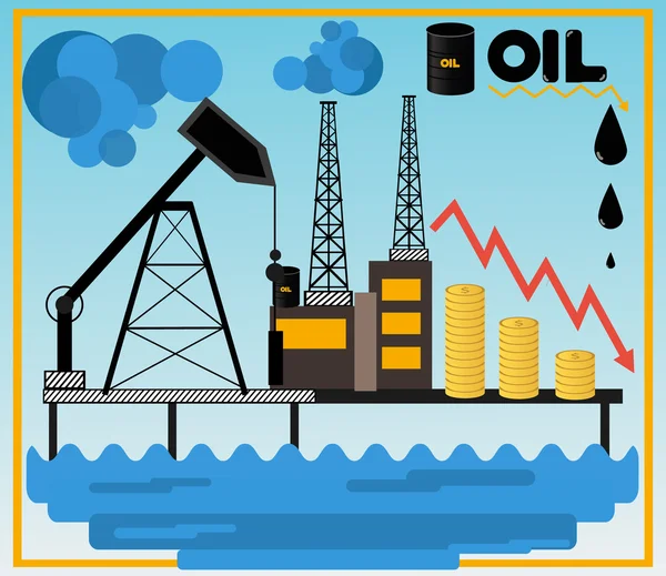 Olja. Oljeproduktionen i havet. Modern lägenhet stil. Infographics internationella ekonomin olja Prica.Drop råoljepriserna. Olja har sjunkit i pris på världsmarknaden. — Stock vektor