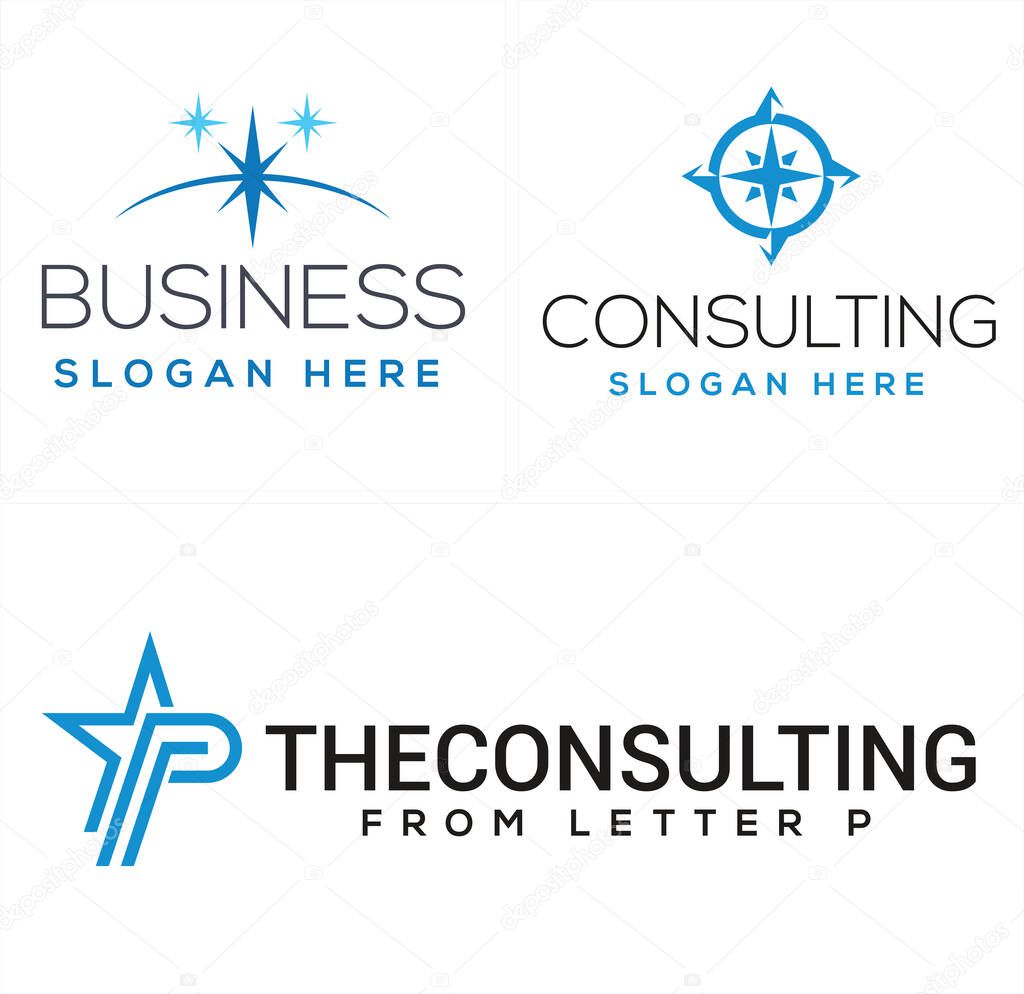 Blue star arrow compass icon south north west east and symbol initial logo design line vector suitable for business consulting firm management company travel agency adventure