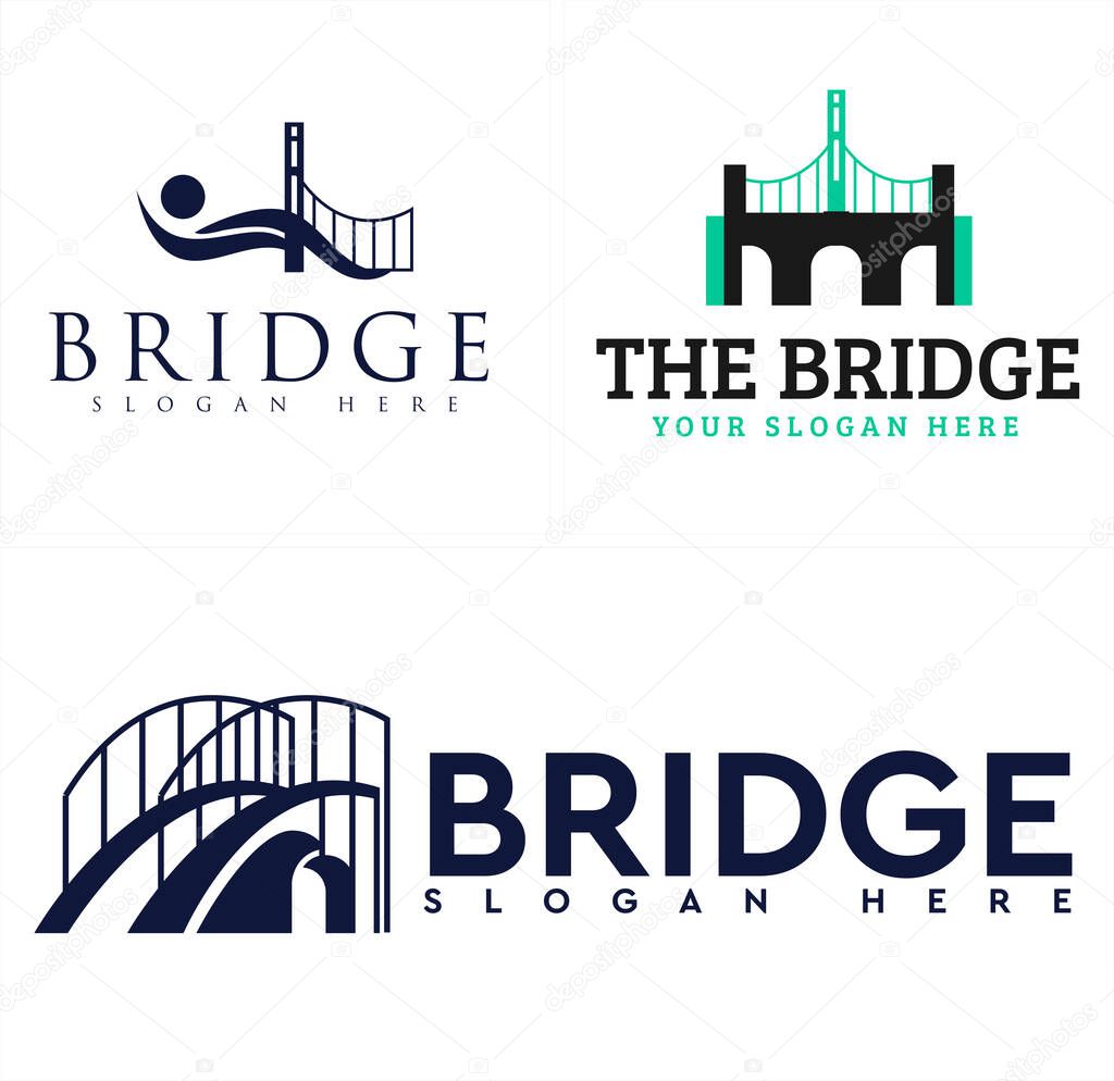 Black blue green bridge people building modern logo designs suitable for Medical Pharmaceutical Therapy Business Bridge travel river gate arch urban industrial architecture construction silhouette