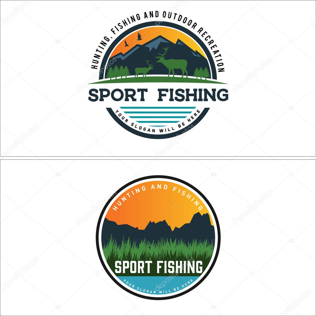 Green blue black circle grass plant leaf mountain wild deer bird tree vintage logo idea suitable for Sport Fishing Boat Show Outdoor travel illustration outdoor hiking retro nature explore tourism