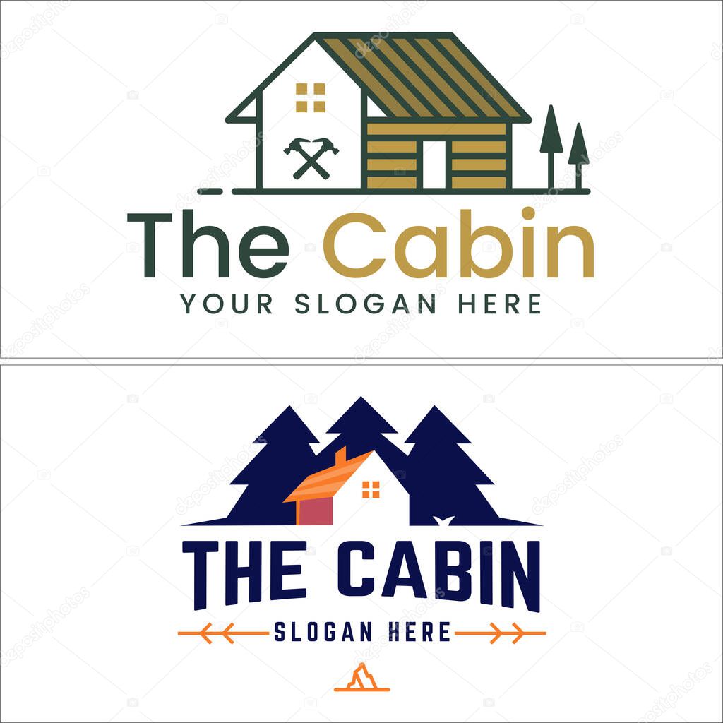 Design logo with home tree pine hammer and mountain illustration vector suitable for camp cabin hunting park outdoor resort nature