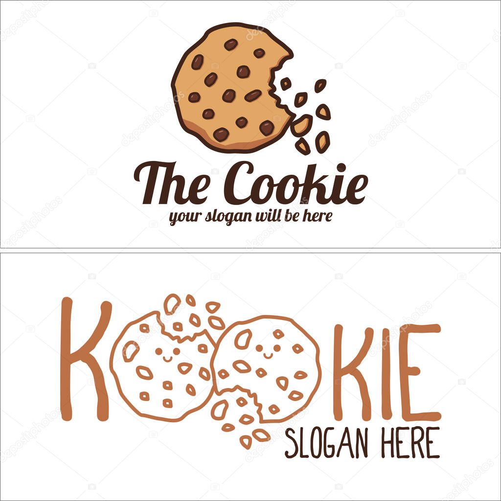 Brown cookie chip crunchy chocolate cute face smile symbol vector logo design suitable for food drink cake shop biscuit snack