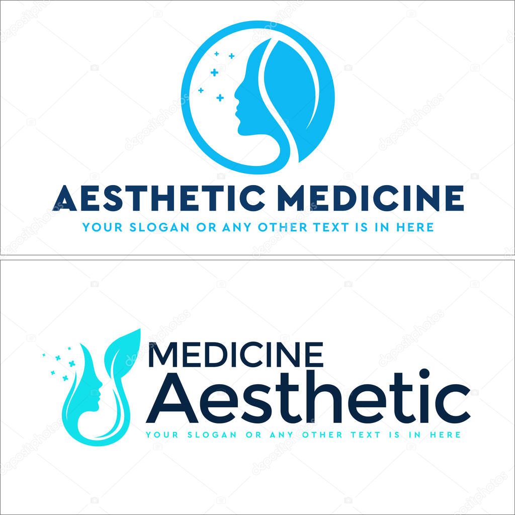 Design logo beauty head woman hair leaf plus icon concept combination line vector suitable for medical pharmaceutical cosmetology spa aesthetic clinic