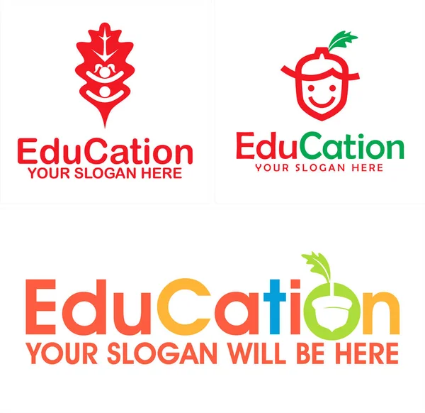 Anak-anak berwarna pendidikan dengan anak laki-laki gadis dan daun ek kacang logo - Stok Vektor