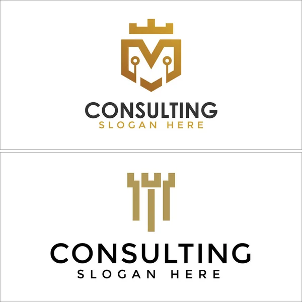 Consulenza logo con pilastro legge e corona circuito tecnico — Vettoriale Stock