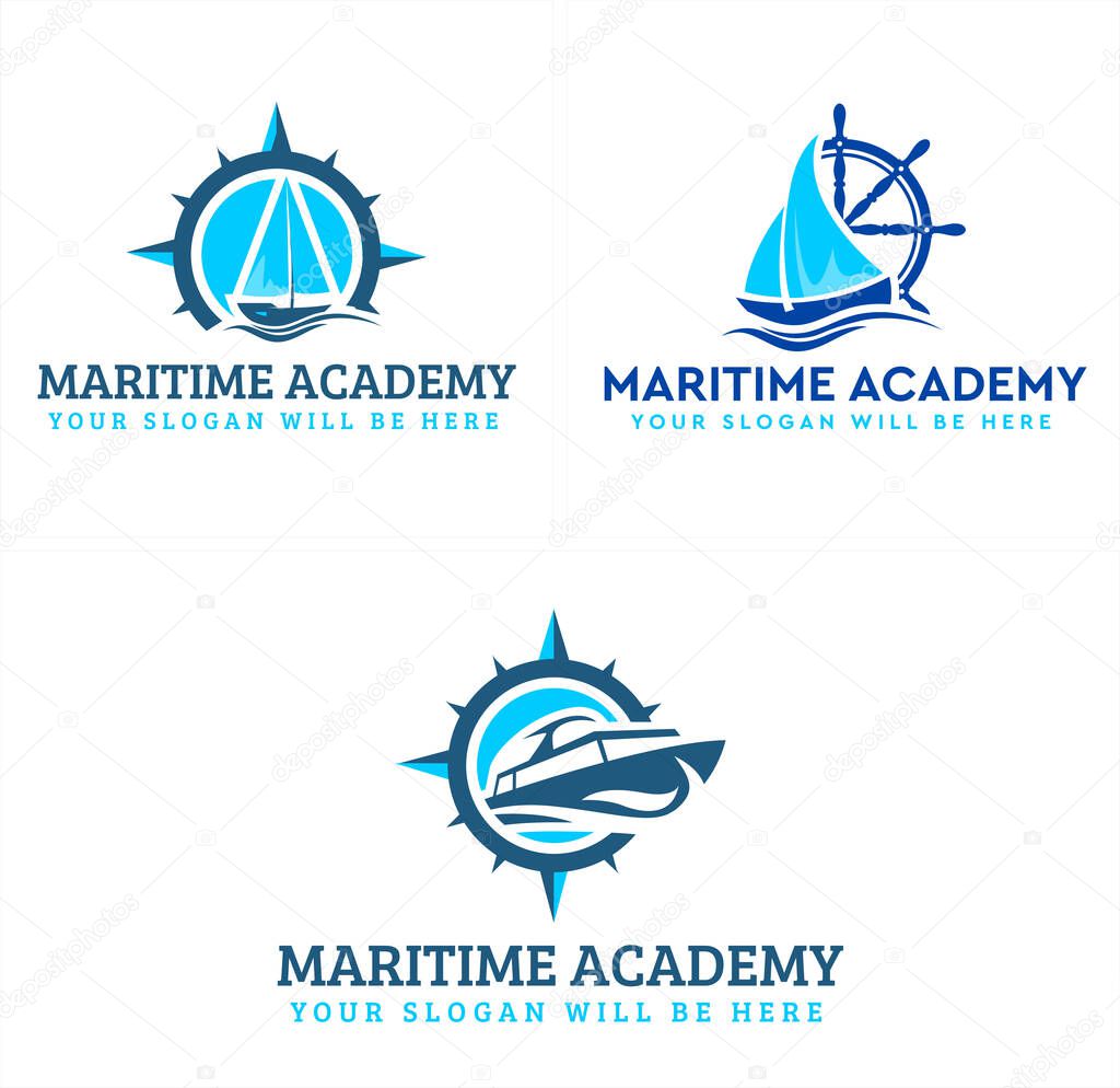 Maritime logo with blue compass star arrow steer ship and wave water modern symbol logo vector suitable for business consulting teacher academy boat nautical sea transportation travel recreation