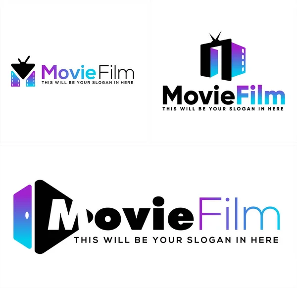 Logotipo do filme de artes de entretenimento com ícone filmstrip e botão de jogo triângulo — Vetor de Stock