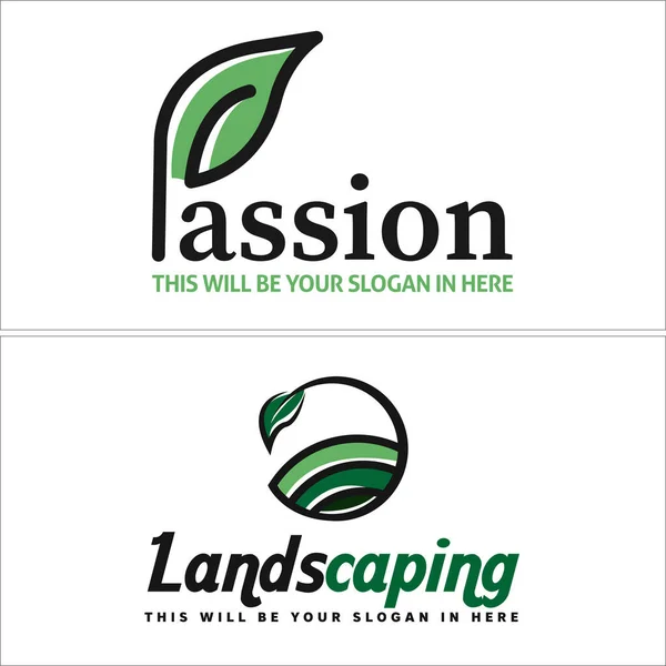 Landscaping with leaf and land field initial icon logo design vector