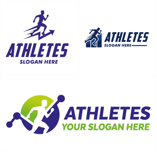 Entraînement sportif entraîneurs athlètes avec homme sprints logo design — Image vectorielle