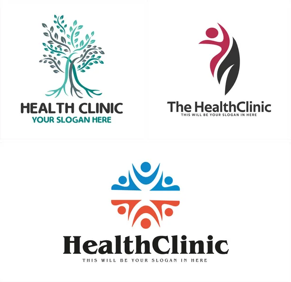 Egészségügyi klinika fa és emberek ikon logó tervezés — Stock Vector