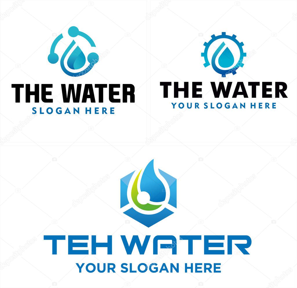Design logo with blue droplet water liquid circle tech gear combination line art vector suitable for environmental hydro technology renewal