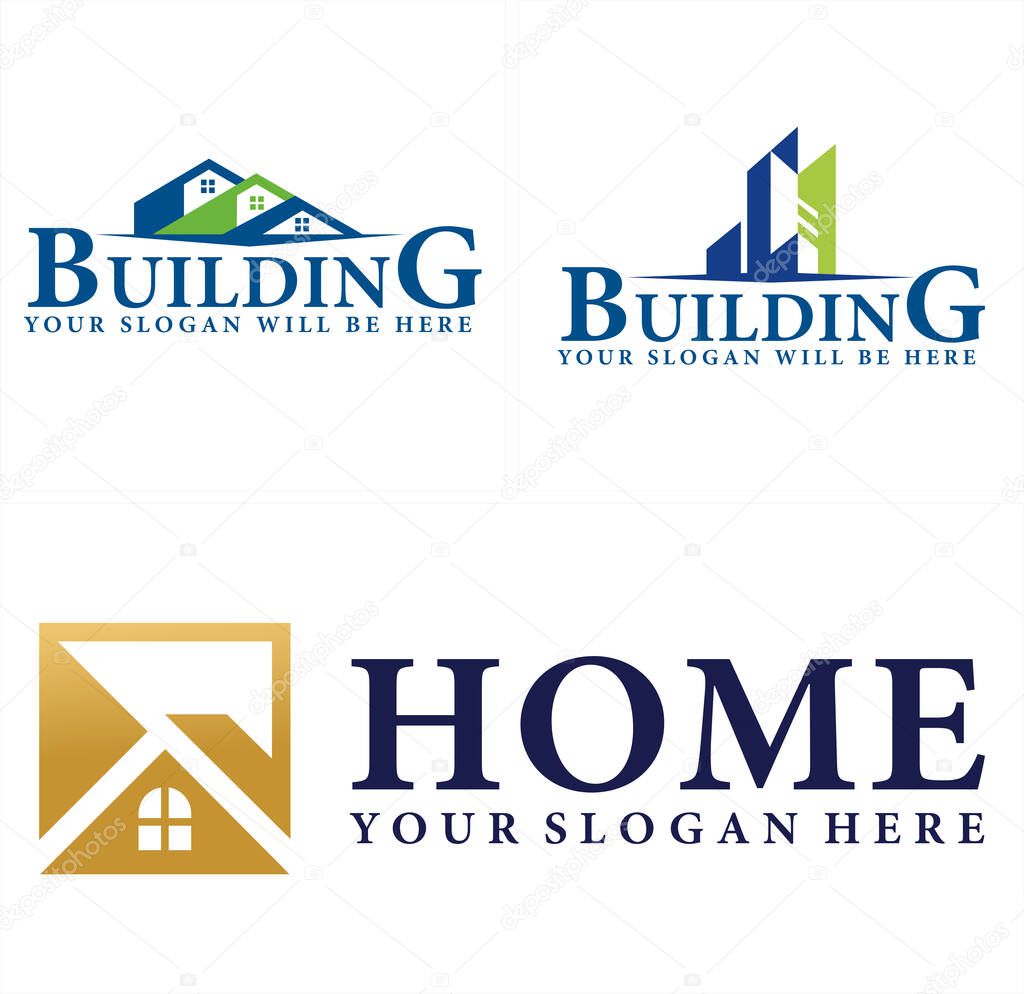 Green blue brown home roof window skyline square logo vector suitable for construction building apartment business mortgage industrial