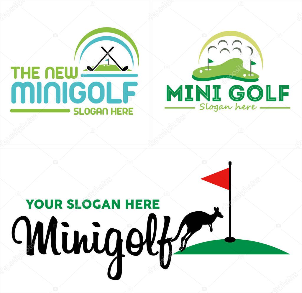Green blue black symbol Golf course with flagpole stick ball golf and kangaroo logo design vector suitable for sport mini golf family rental park outdoor animal nature