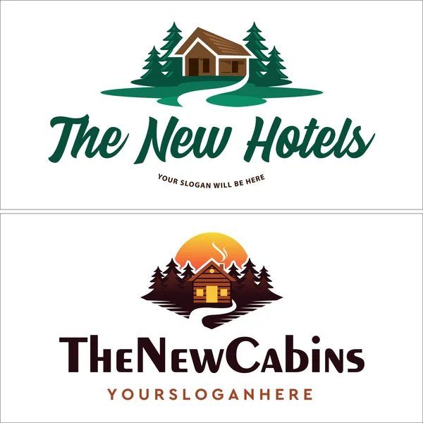 Ξενοδοχείο καμπίνα βίλα ενοικίαση βουνό κάμπινγκ περιπέτεια αναψυχή δάσος σχέδιο λογότυπο — Διανυσματικό Αρχείο