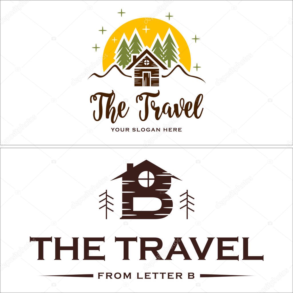 Yellow green maroon house tree mountain moon star initial icon chimney handwriting logo design suitable for travel hotel rental cabin company village adventure villa home stay holiday tour hiking