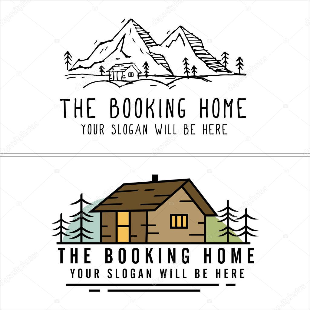 Black green brown house tree mountain sketch chimney landscape vintage logo template suitable for village company vacation farm travel hotel business cabin rental holiday villa recreation hiking