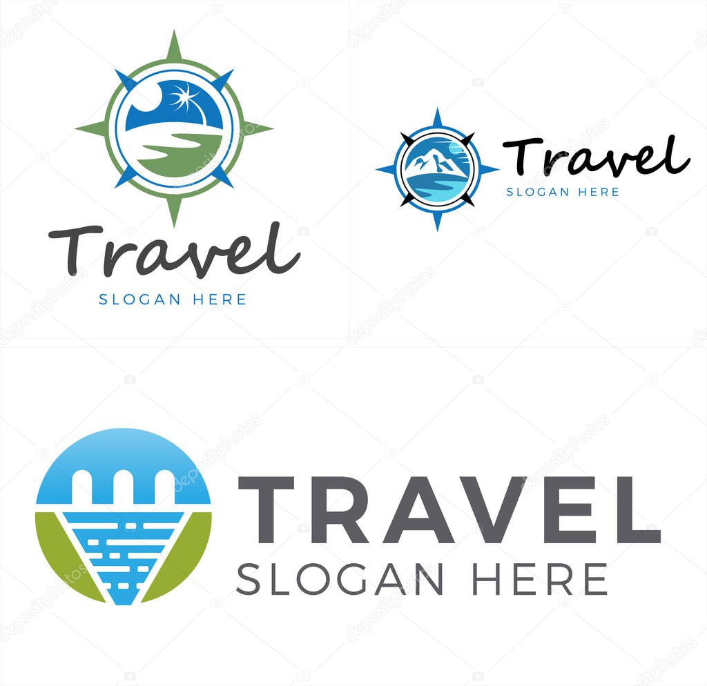 Travel design logo with icon compass element mountain palm tree water and sun vector illustration suitable for holiday hotel family sea adventure recreation climbing
