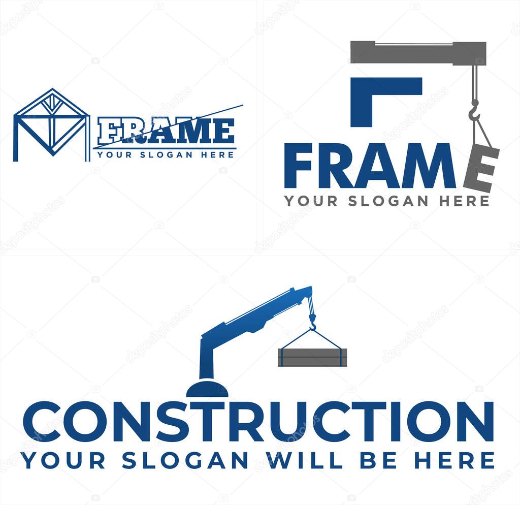 Design logo with home letter M and crane lifts the goods line art vector suitable for construction company building business industrial