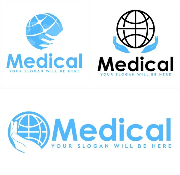Design de logotipo de ícone de mão global de centro médico —  Vetores de Stock