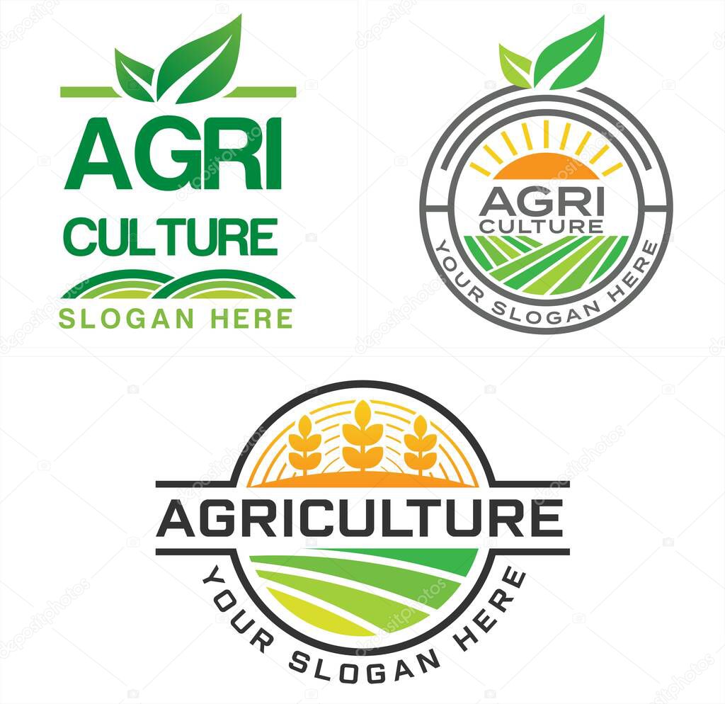 Agriculture logo with leaf sun land farm wheat circle ribbon green orange vector suitable for packing business company retail landscape