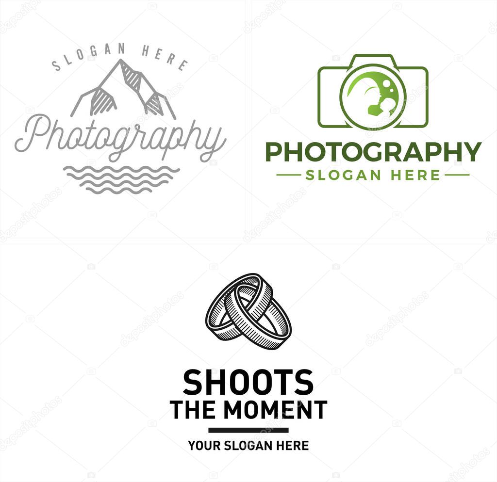 Photography design logo with mountain line wave camera mom baby bubble and ring art vector suitable for outdoor children marriage photo studio scenery technology